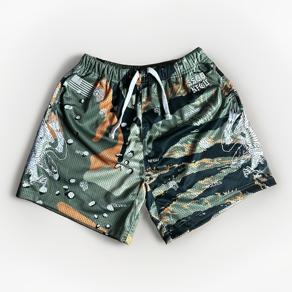 NEW Darc Sport Gym Shorts Mens Small Tiger Camo SSDD NFGU Wolves Eagle USA Flag